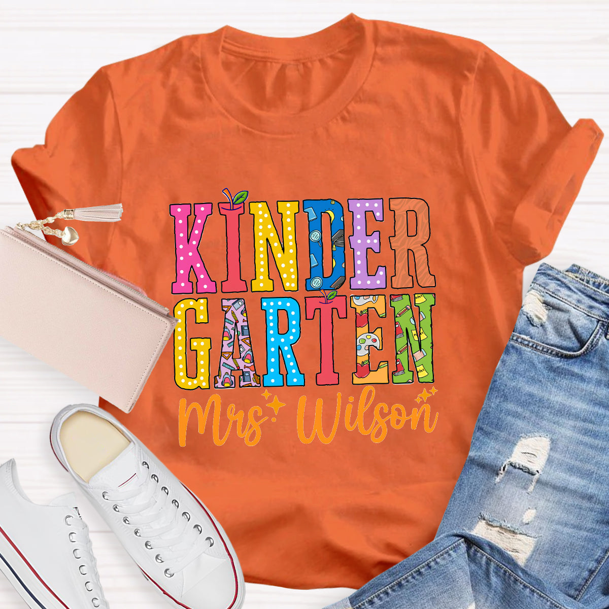 Personalized Teacher Name And Grade Apple Printed T-Shirt