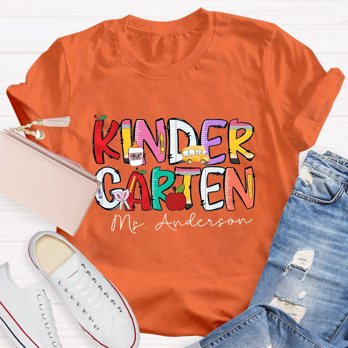 Personalized Kinder Garten Teacher's Name Apple Printed T-shirt