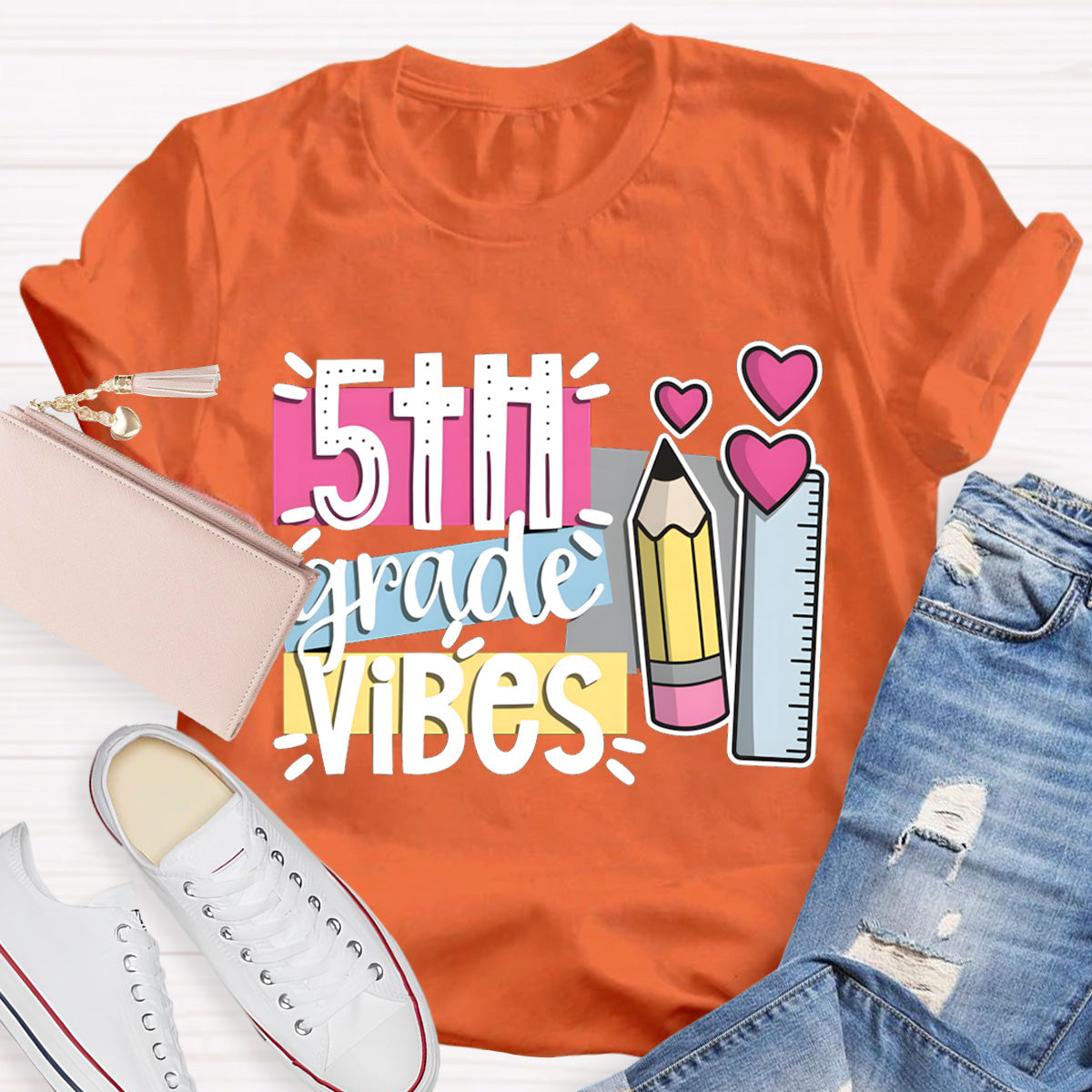 Personalized Grade 5th Grade Vibes Teacher T-Shirt