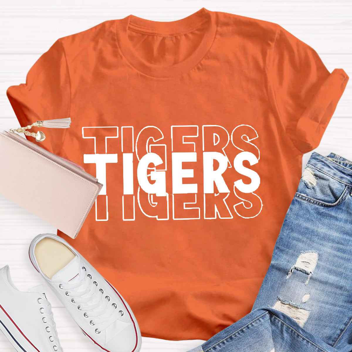 Personalized Mascot Tigers Colorful Letters Teacher T-Shirt