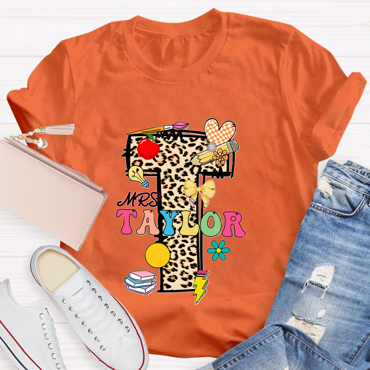 Personalized Name Leopard print Letter Teacher T-Shirt