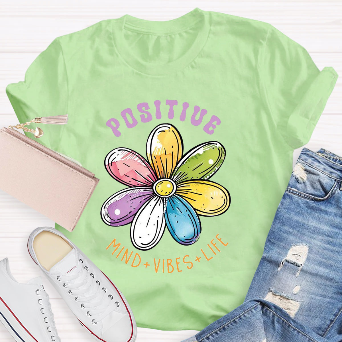 Positive Mind Vibes Life Floral Teacher T-Shirt