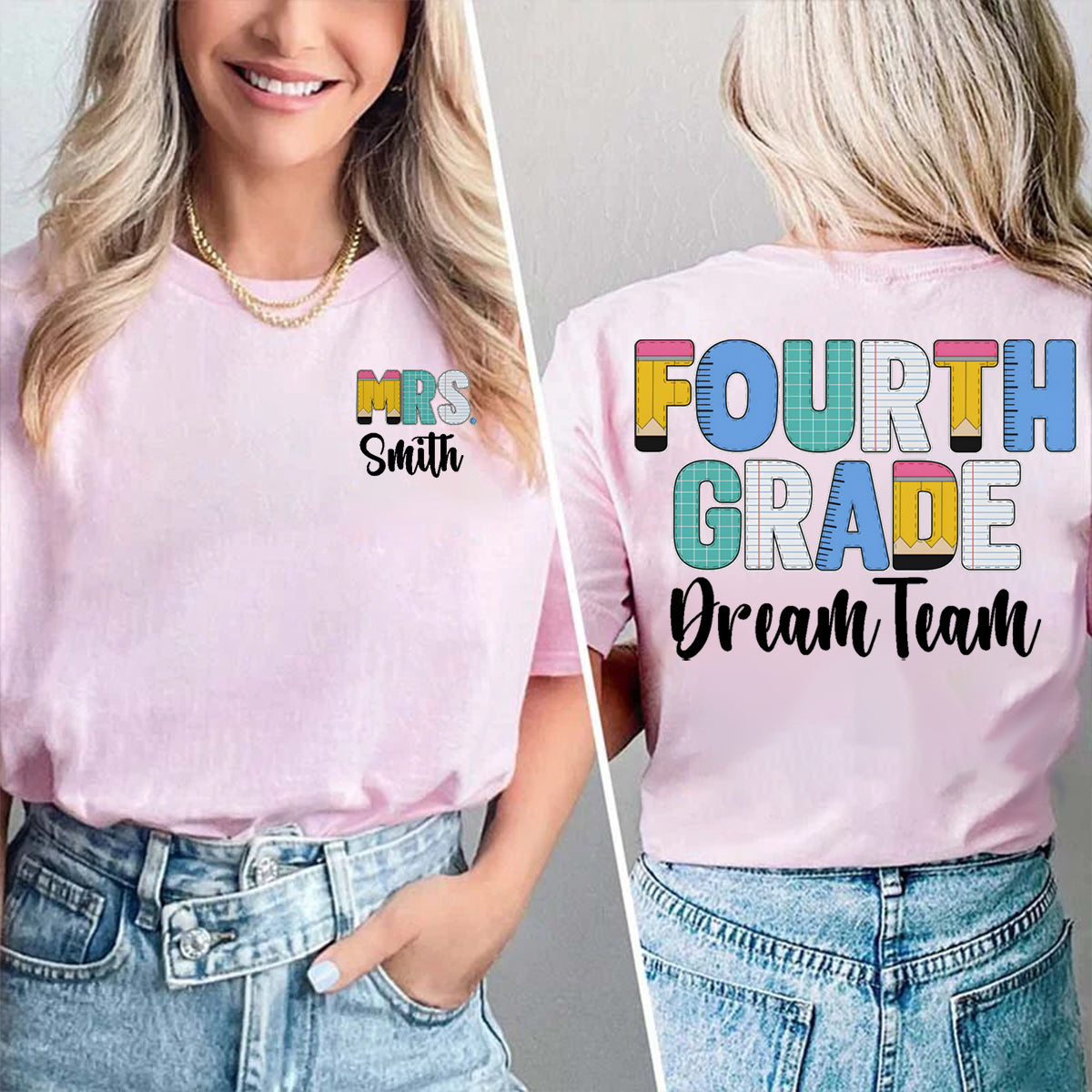 Personalized Grade And Name Double Colorful Pencil Printed T-shirt