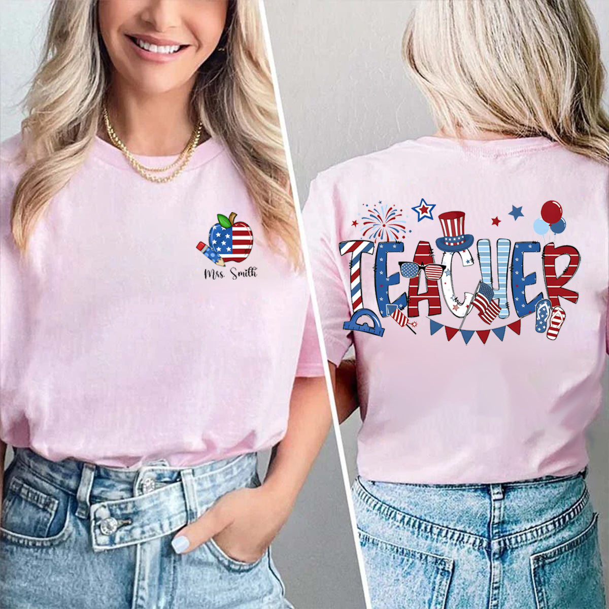 Personalized Name US Flag Apple Double Printed T-shirt