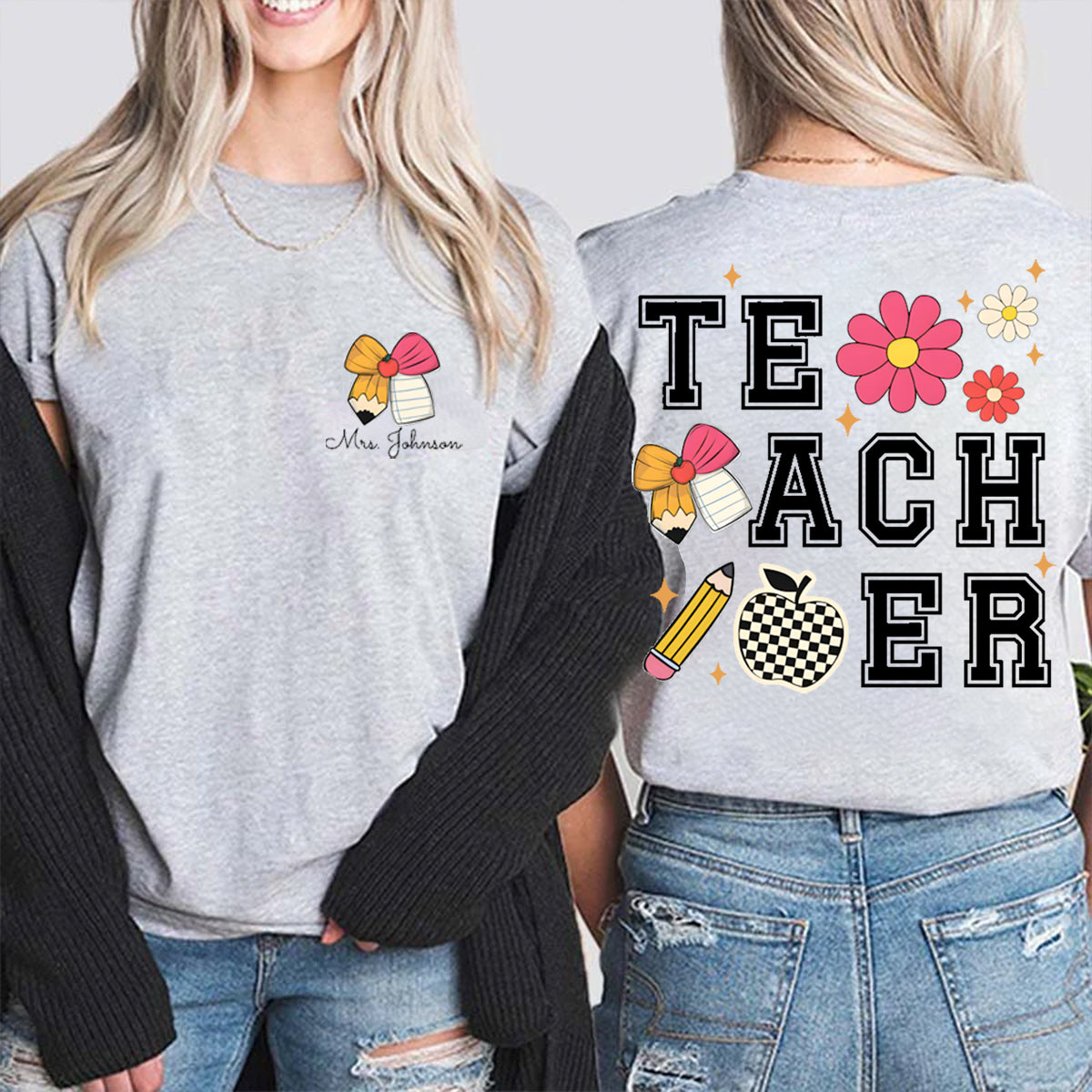 Personalized Name Pink Apple Bow Double Printed T-shirt