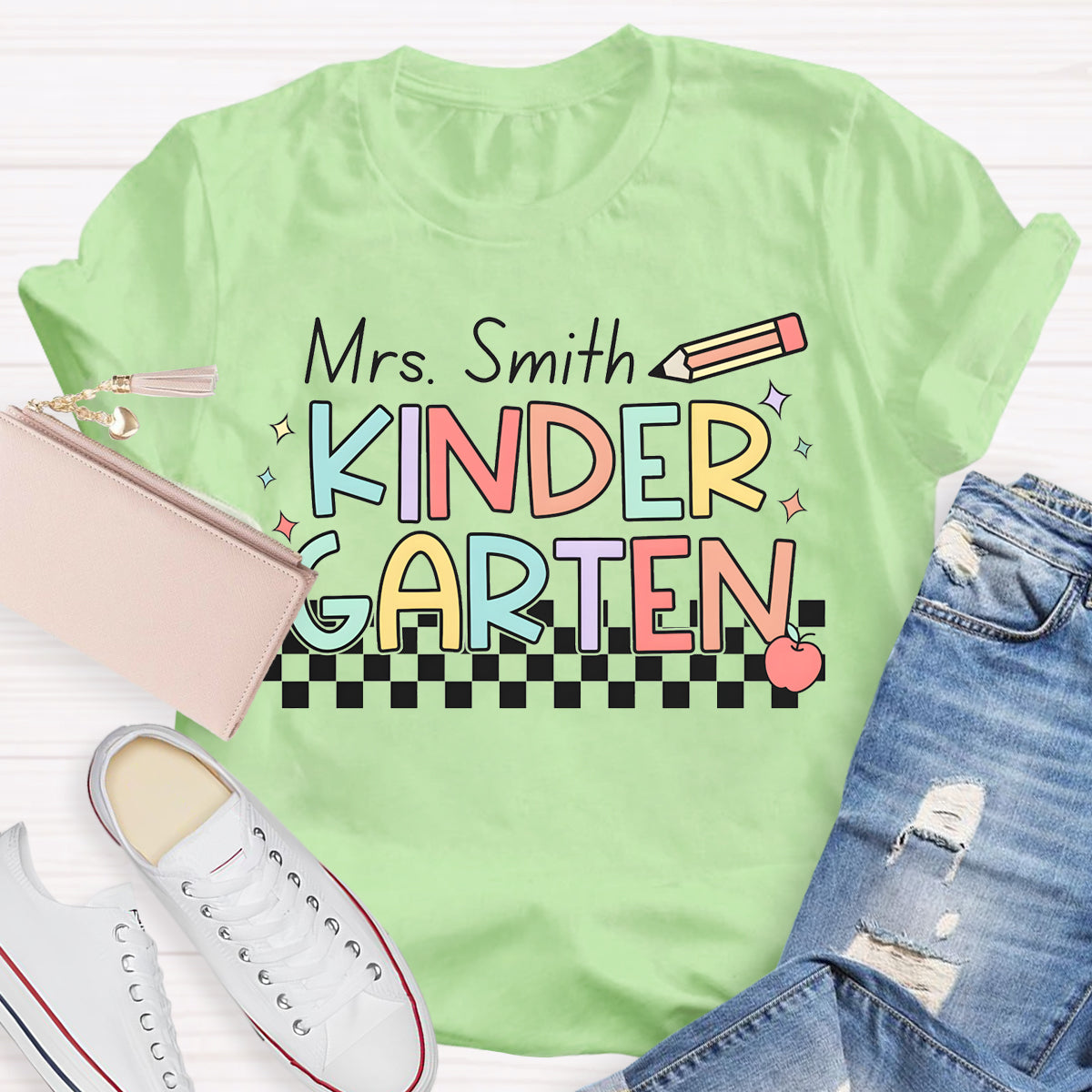 Personalized Name And Grade Checkerboard Teacher T-Shirt