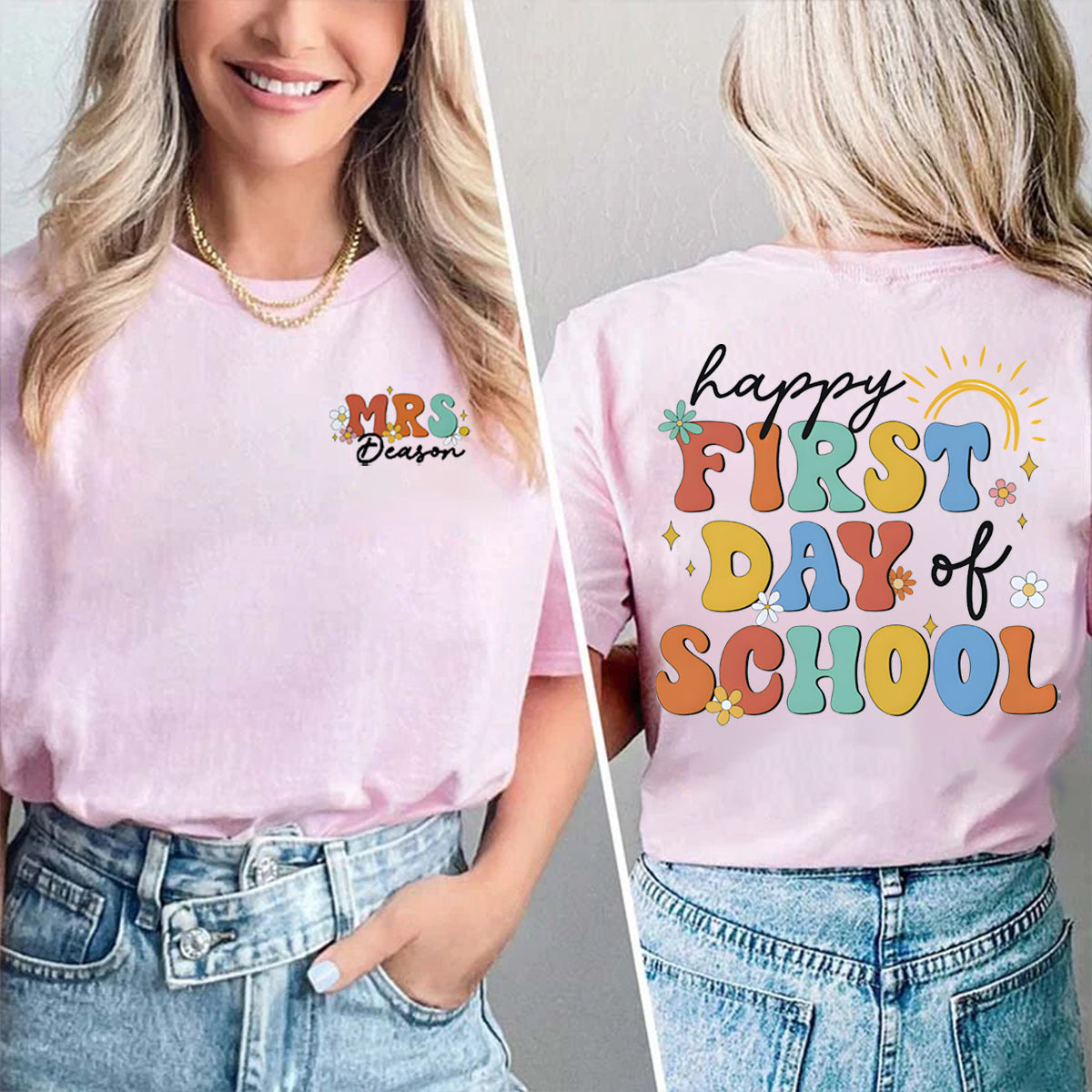 Personalized Name Happy First Day Of School Double Printed T-shirt