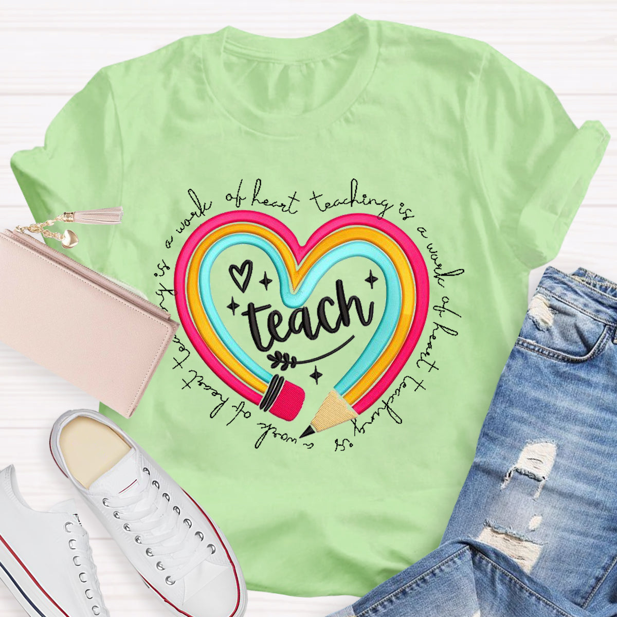 Teach Is A Work Of Heart Rainbow Pencil Teacher T-Shirt