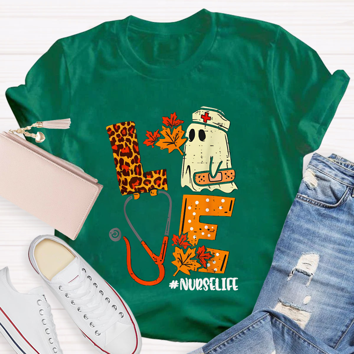 Love Nurselife Cute Ghost Nurse And Leopard Print Font T-shirt