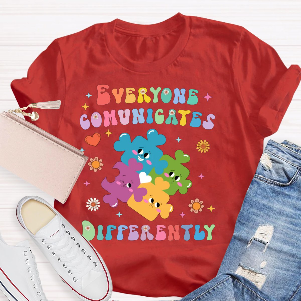 Everyone Communicates Differently Colored Puzzle Teacher T-Shirt