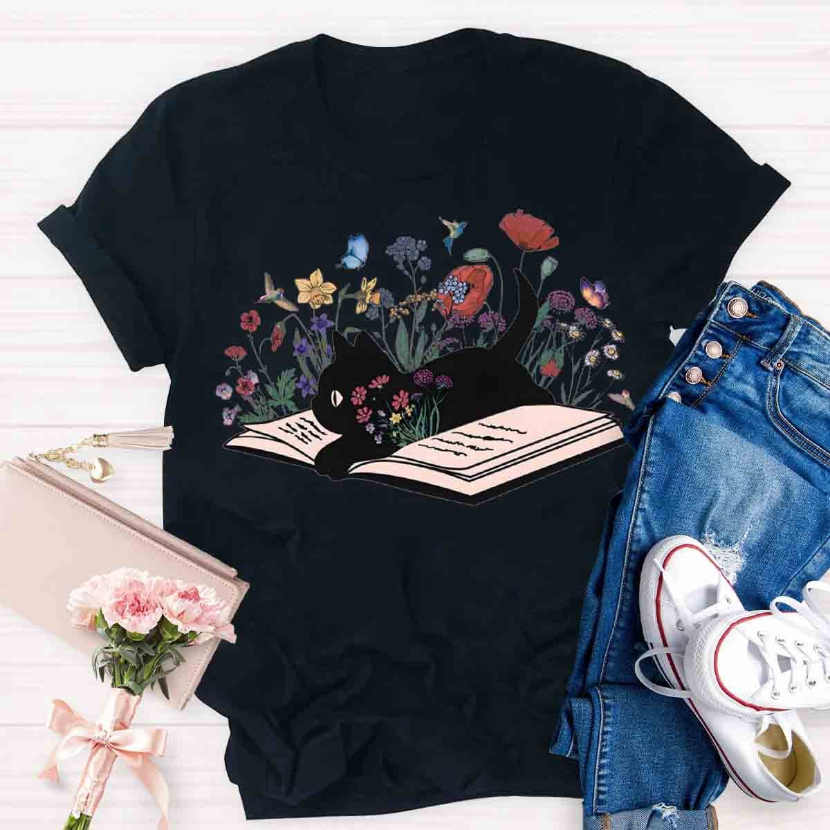 Cute Floral Book Cat T-Shirt