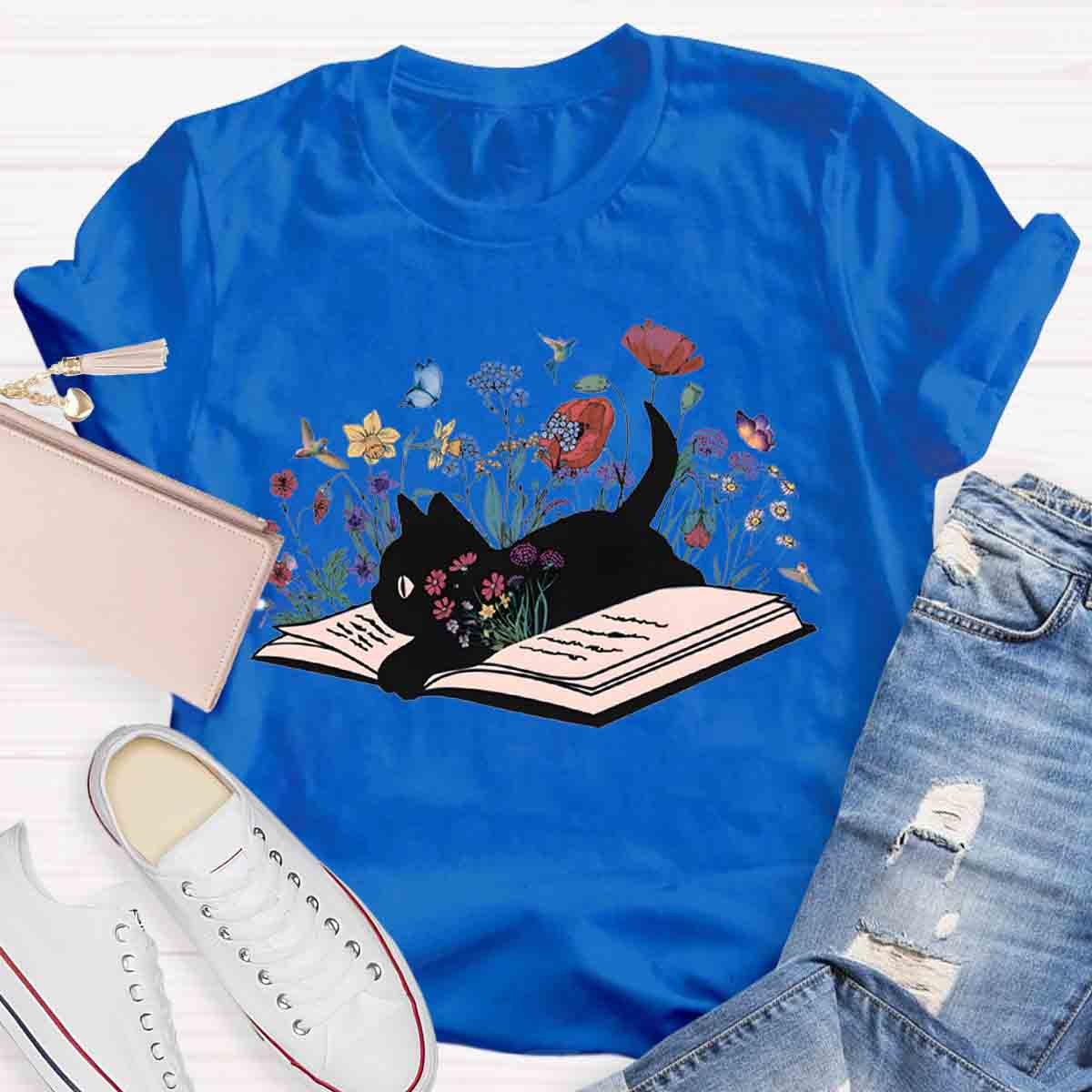 Cute Floral Book Cat T-Shirt