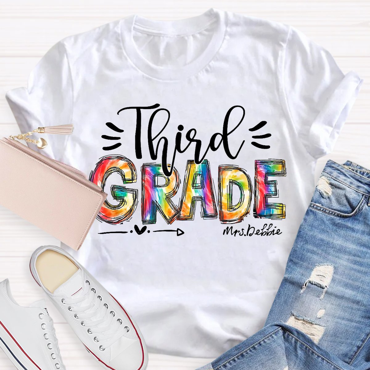 Personalized Grade And Name Colorful Printed Teacher Back To School T-Shirt
