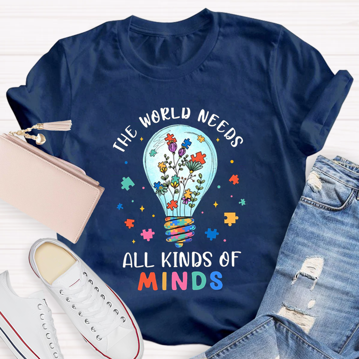 Colorful Puzzle The World Needs All Kinds Of Minds Teacher T-Shirt