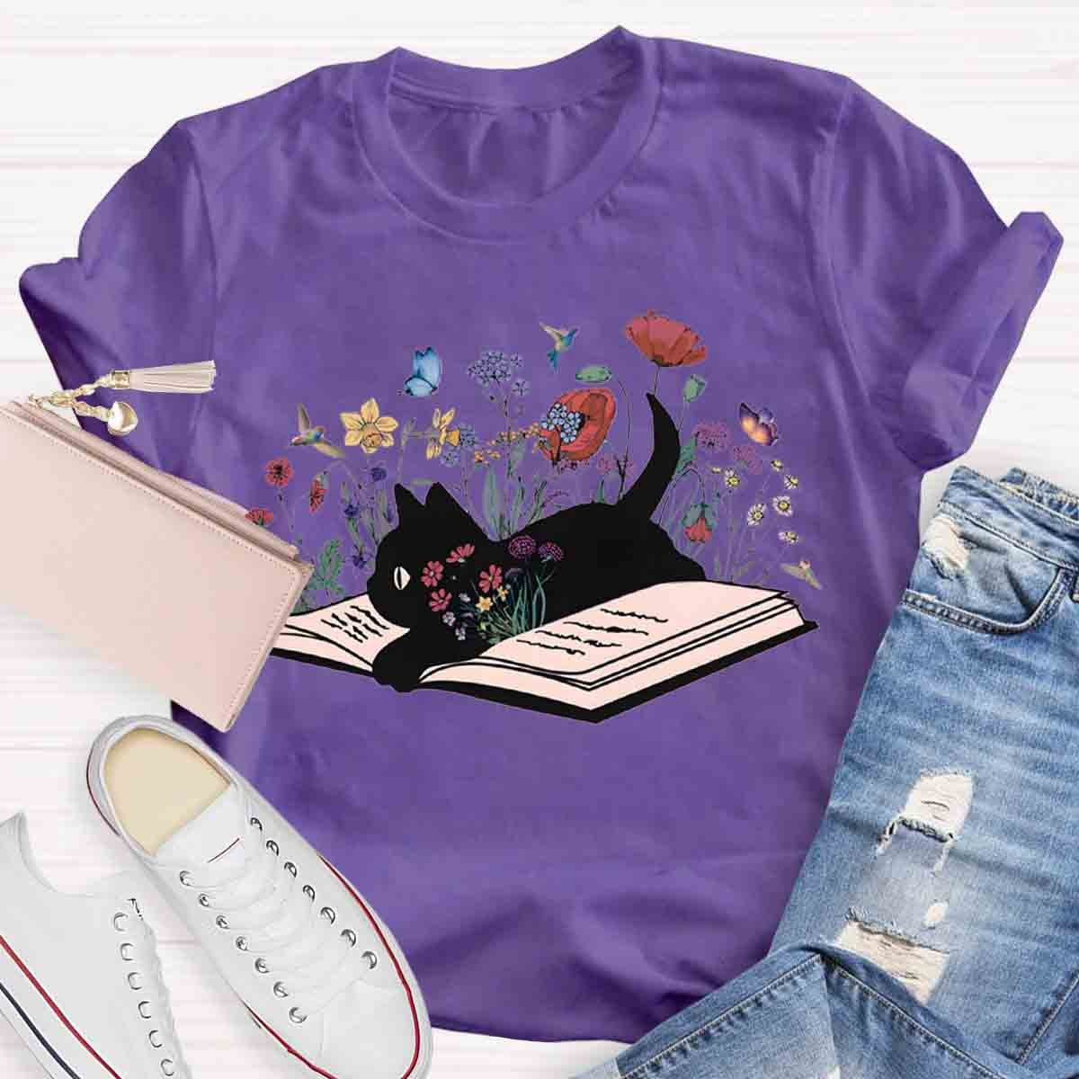 Cute Floral Book Cat T-Shirt