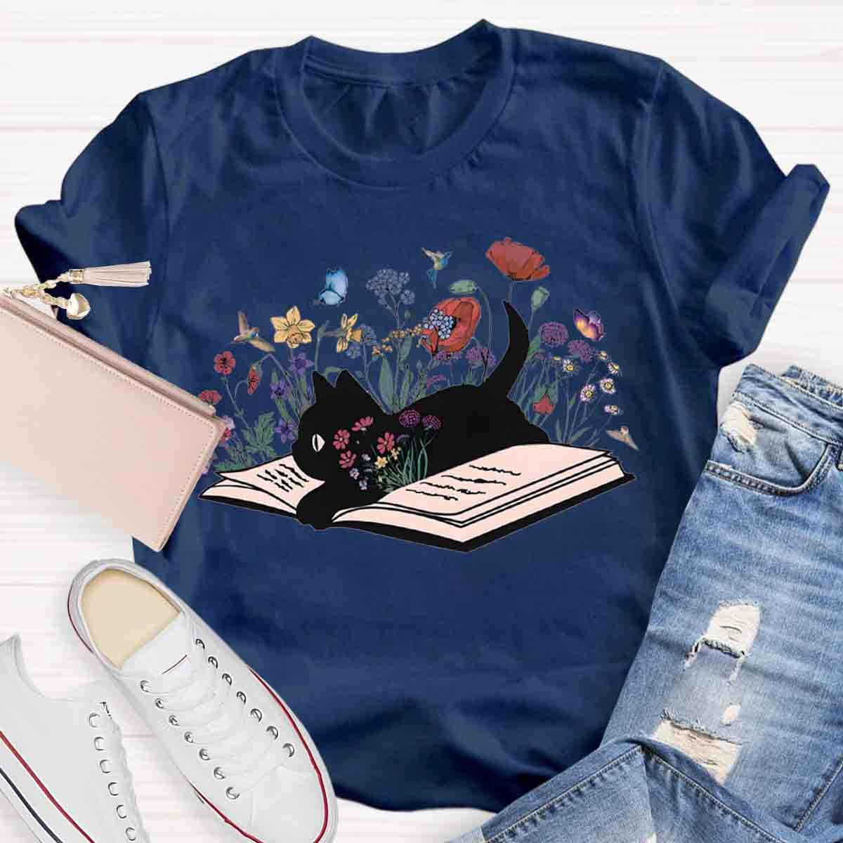 Cute Floral Book Cat T-Shirt