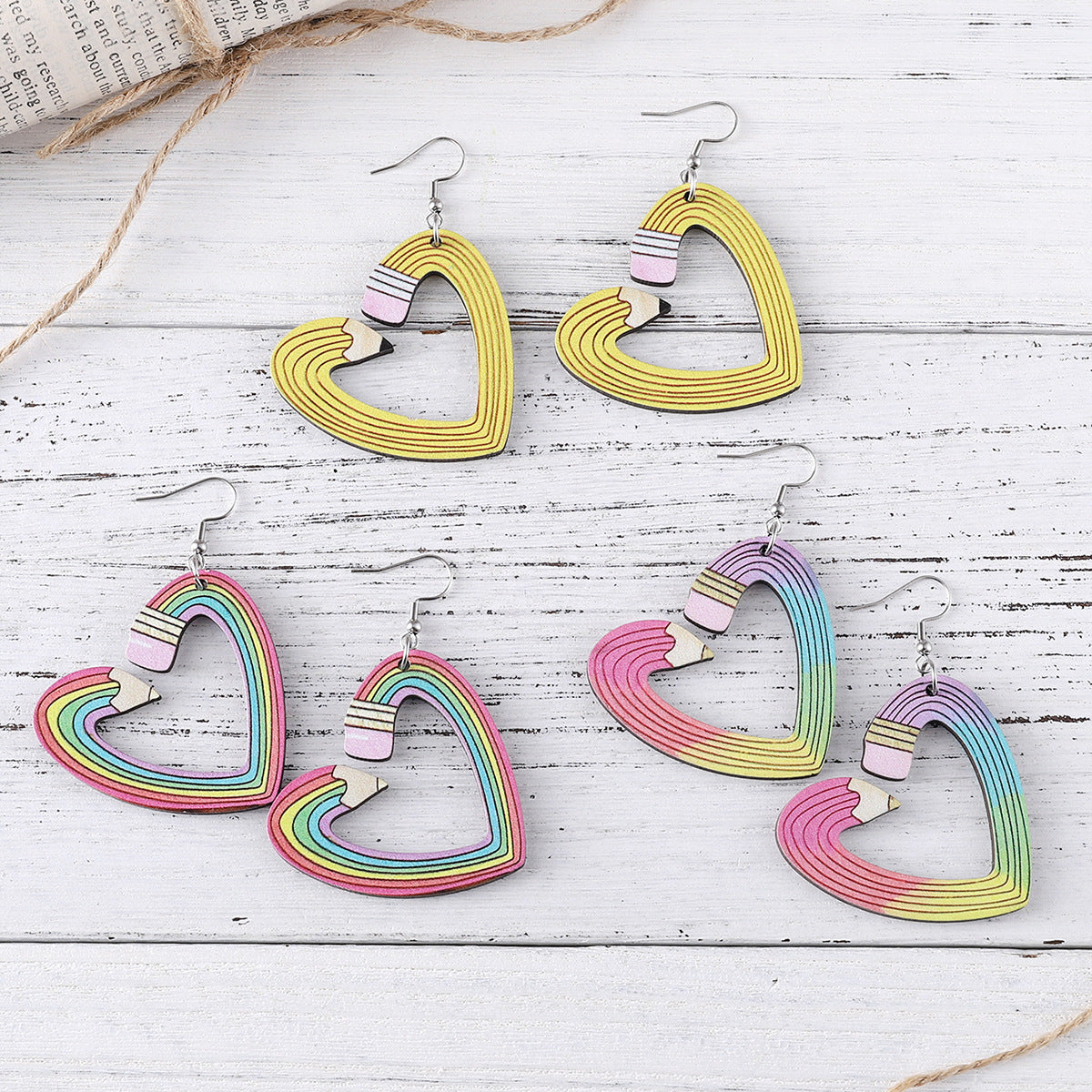 Leopard Pencil Love Pendant Wooden Earrings