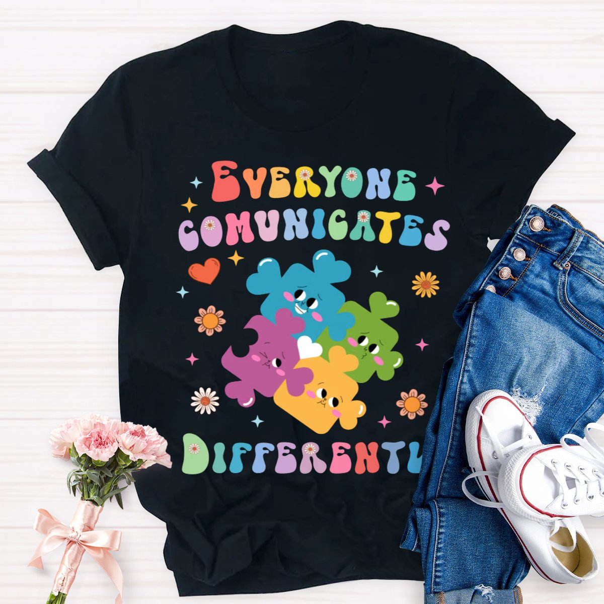 Everyone Communicates Differently Colored Puzzle Teacher T-Shirt