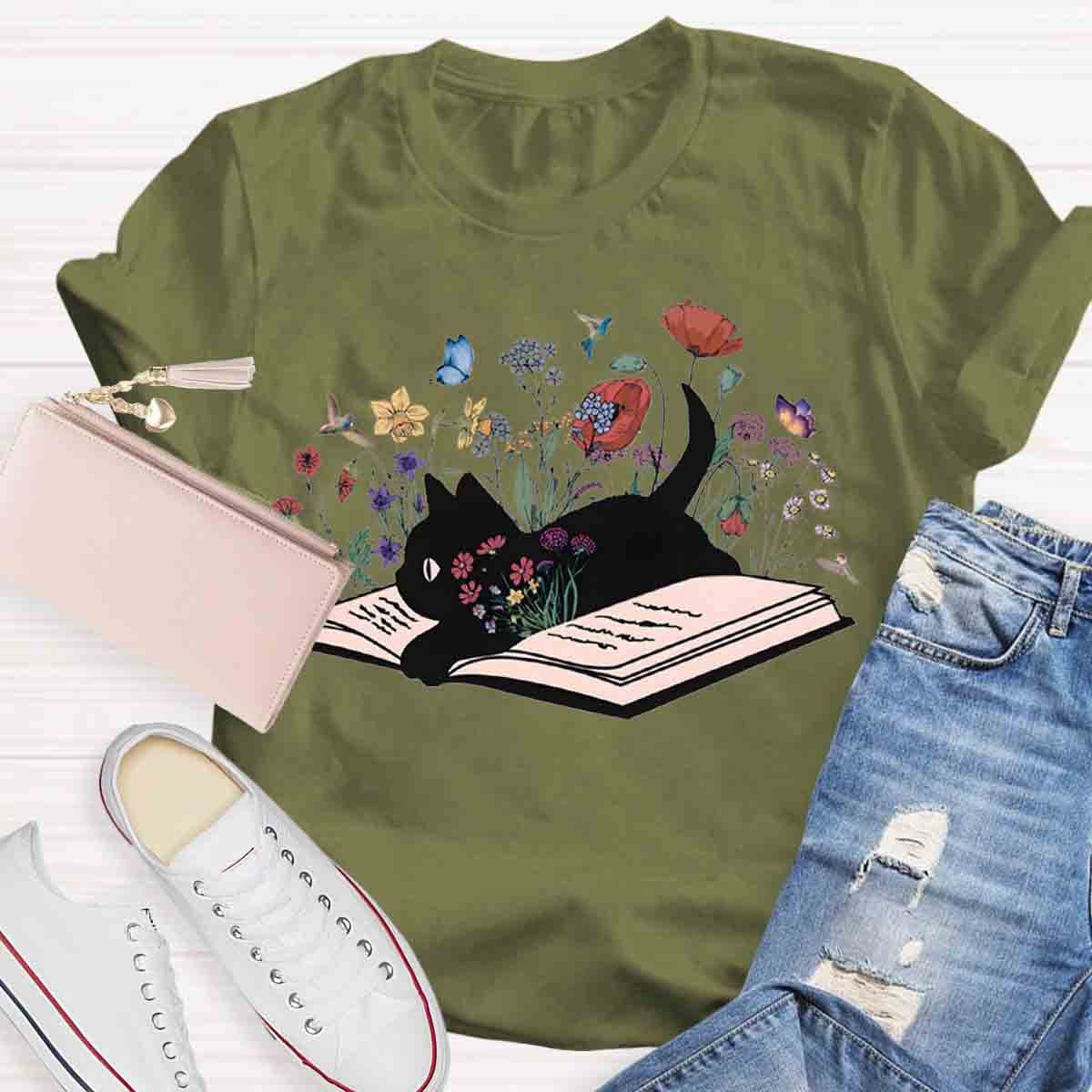 Cute Floral Book Cat T-Shirt