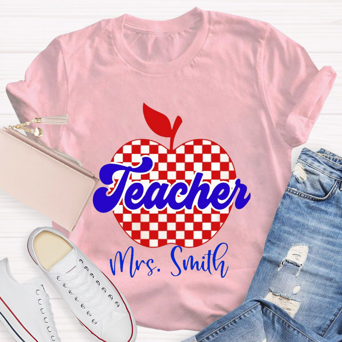 Personalized Name Red Apple Teacher T-Shirt