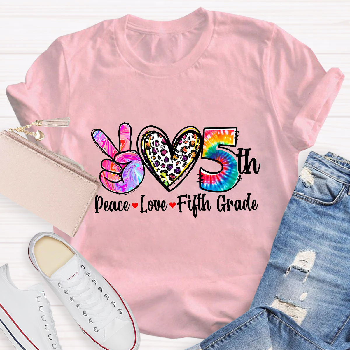 Personalized Grade Peace Love 5th Grade Teacher T-Shirt