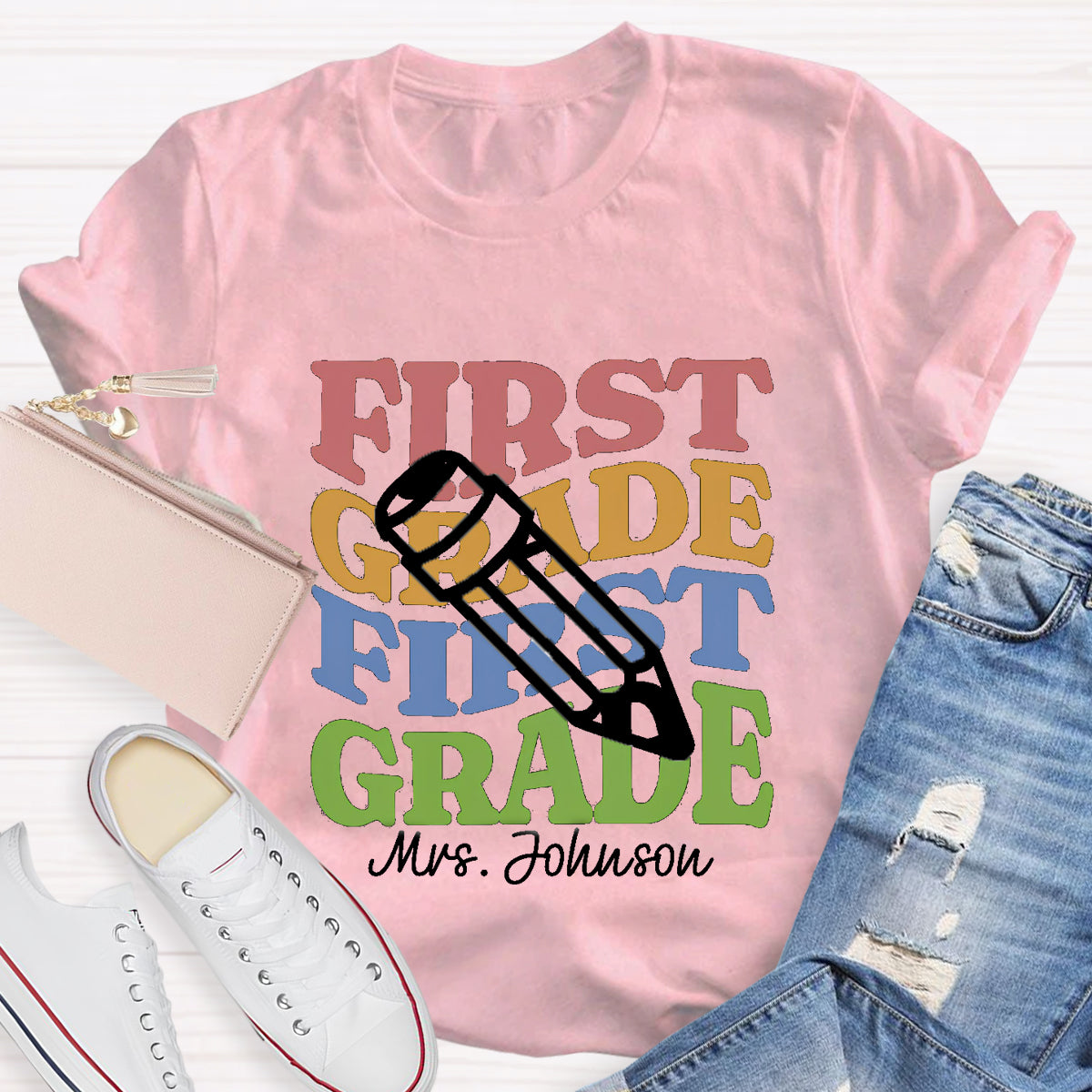 Personalized Teacher Grade And Name Pencil Back To School T-Shirt