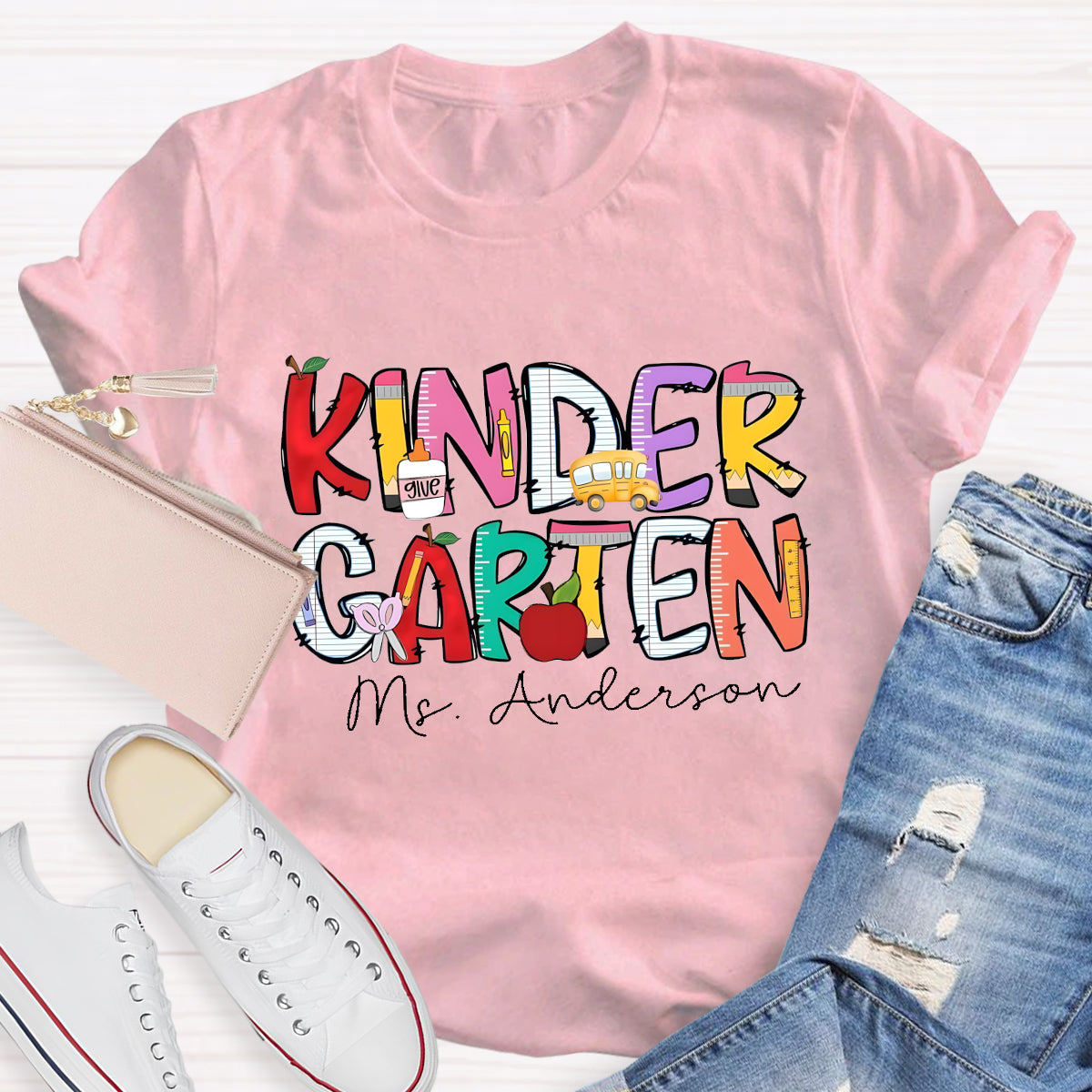 Personalized Kinder Garten Teacher's Name Apple Printed T-shirt