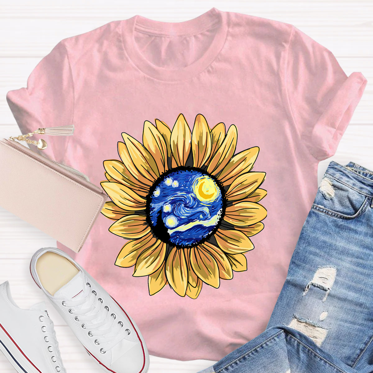 Starry Sky Art Sunflower Teacher T-Shirt