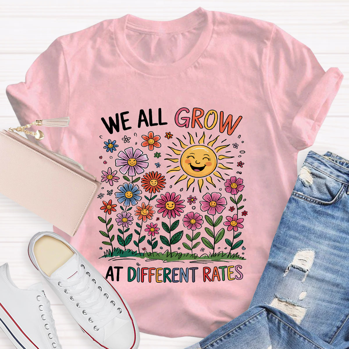 We All Grow At Different Rates Floral Teacher T-Shirt