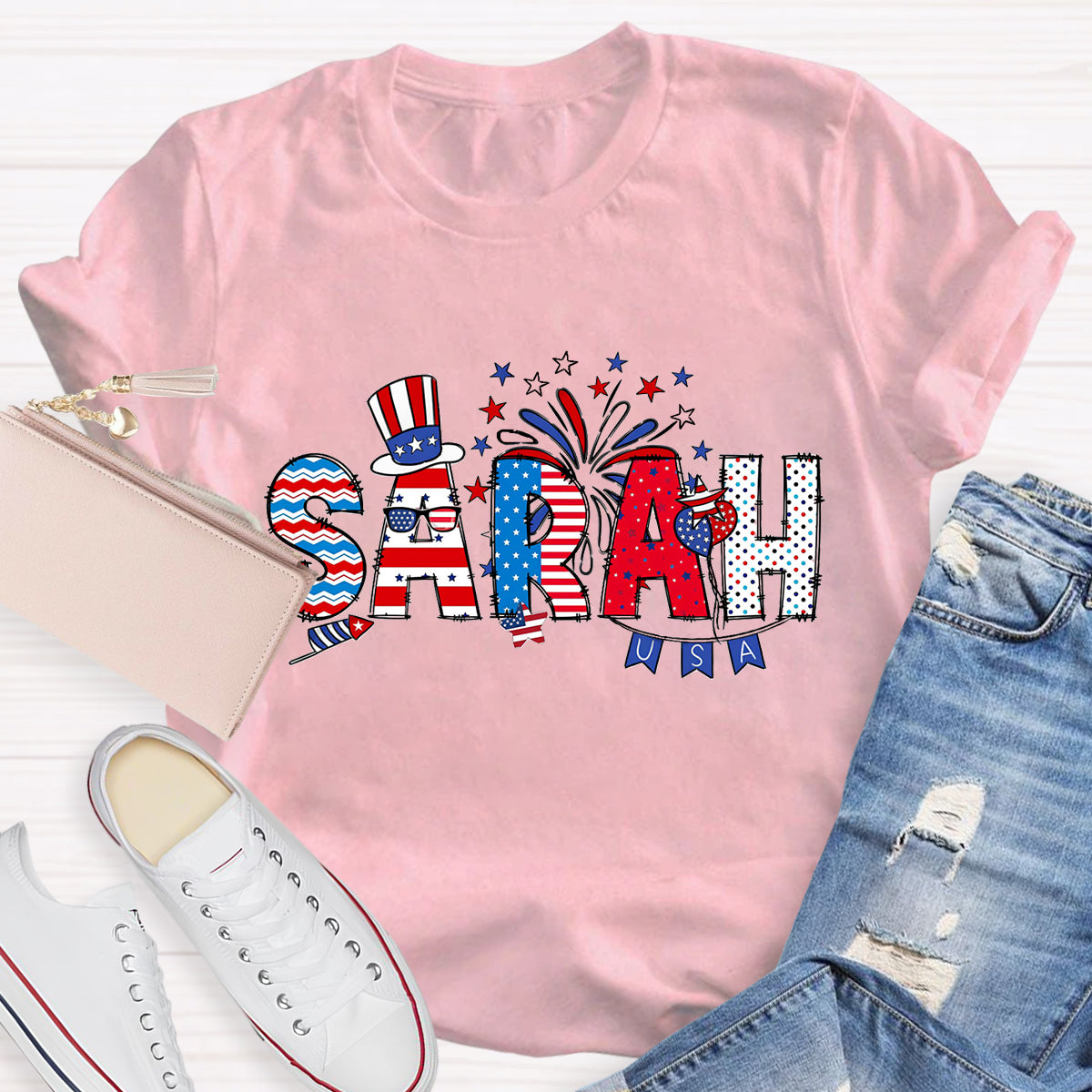 Personalized Independence Day Name Teacher T-Shirt