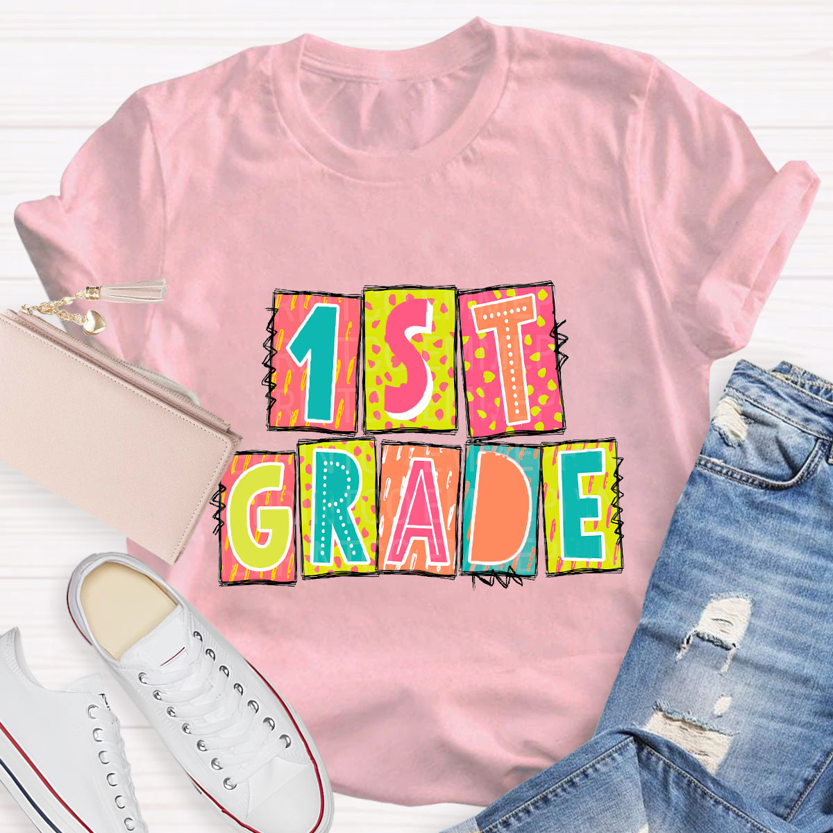 Personalized Grade Personalized Color Block 1st Grade Teacher T-Shirt