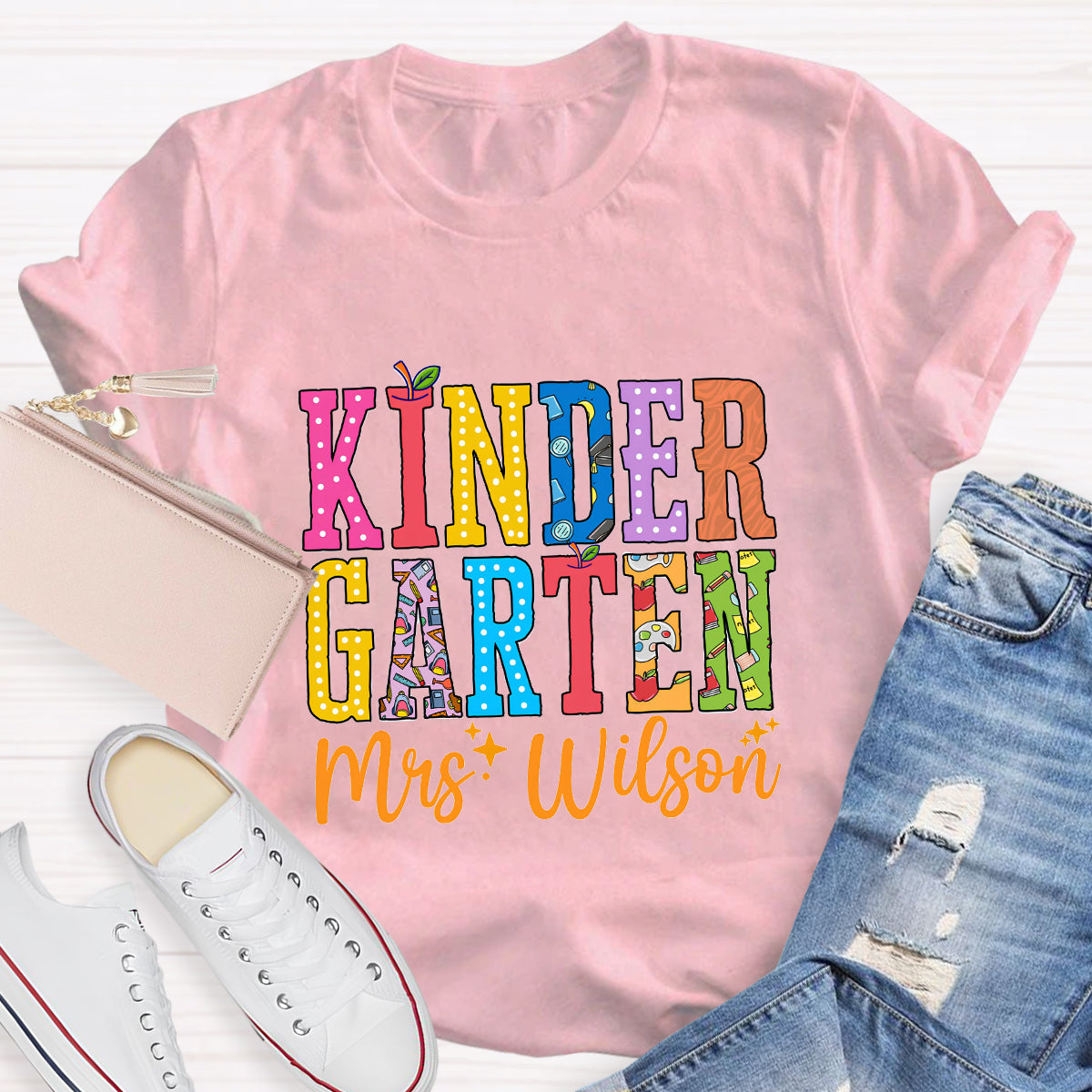 Personalized Teacher Name And Grade Apple Printed T-Shirt
