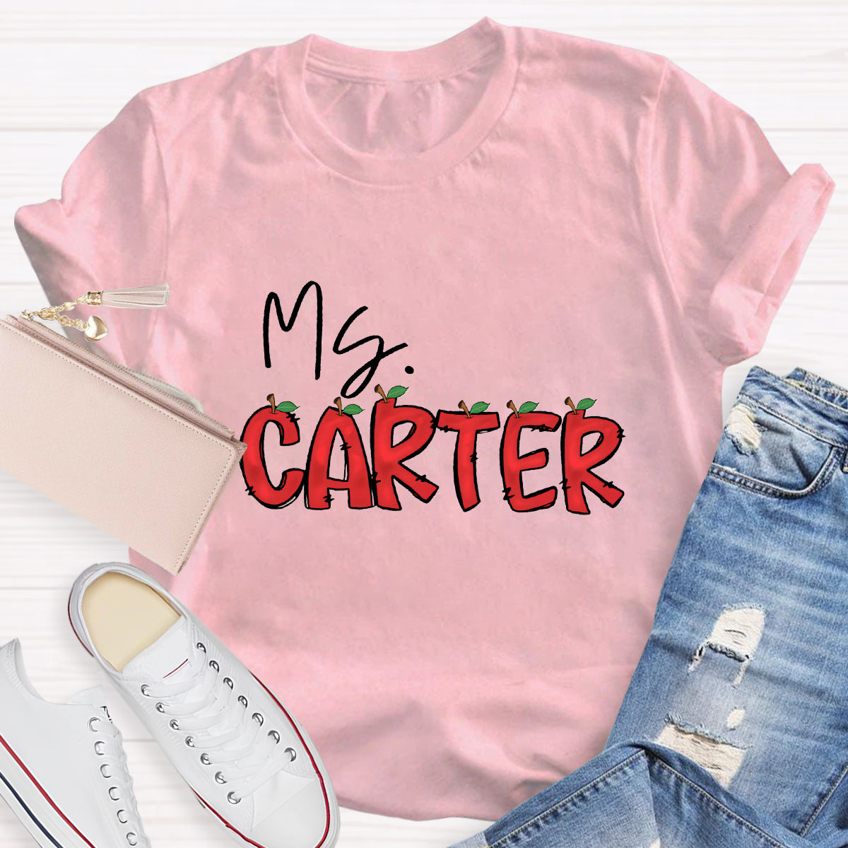Personalized Teacher's Name Red Apple Letter T-Shirt