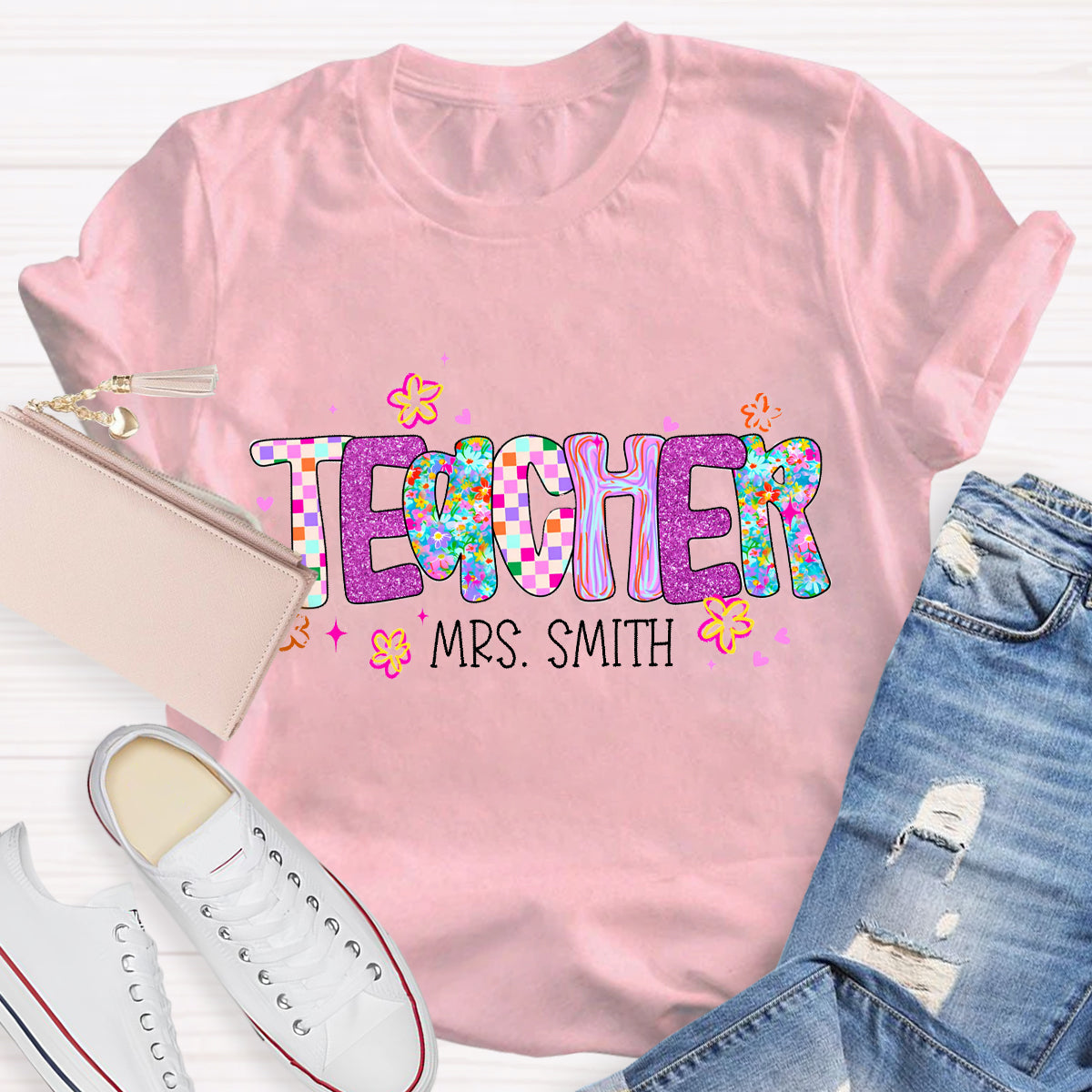 Personalized Teacher Name Pink Plaid T-Shirt