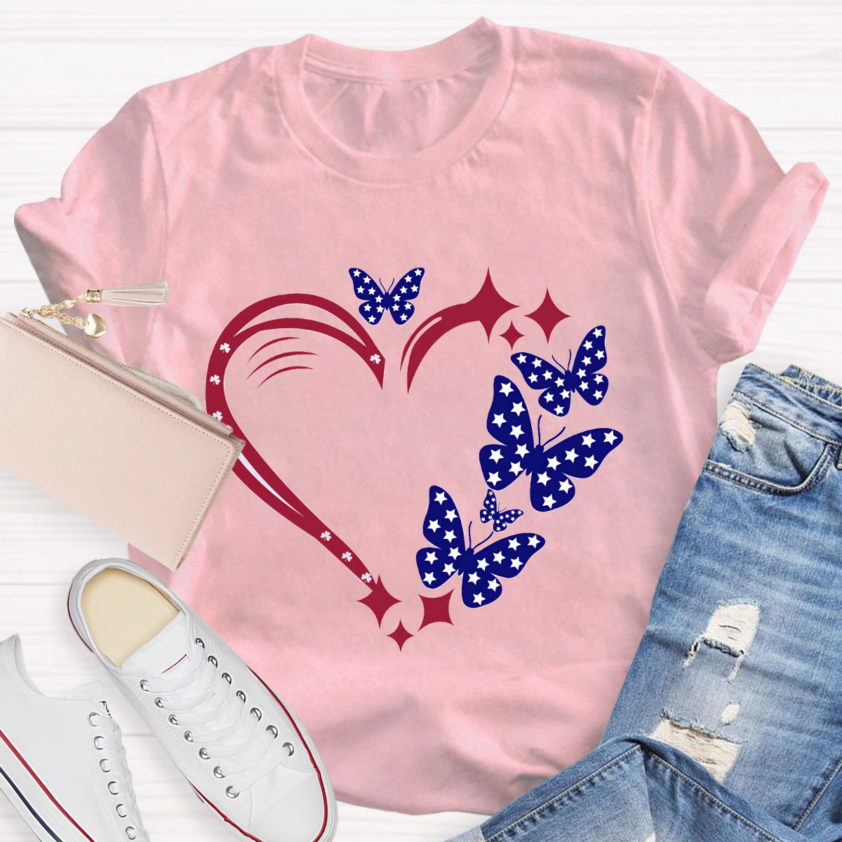 Stars And Strips Butterfly Teacher T-Shirt