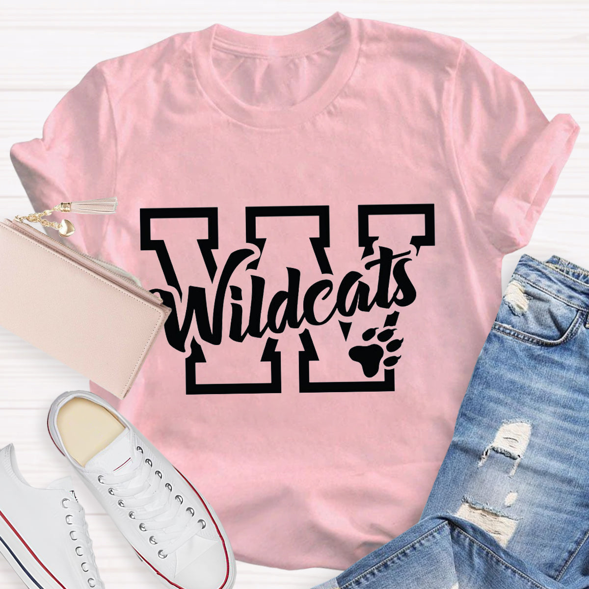 Personalized School Mascot Wildcats Black Letters Teacher T-Shirt