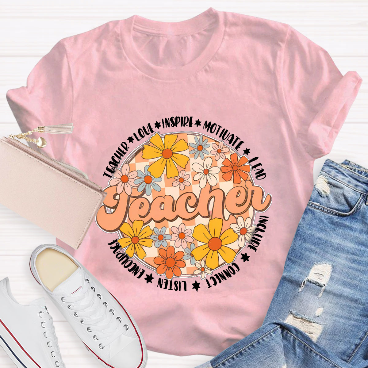 Love Motivate Inspire Floral Teacher T-Shirt