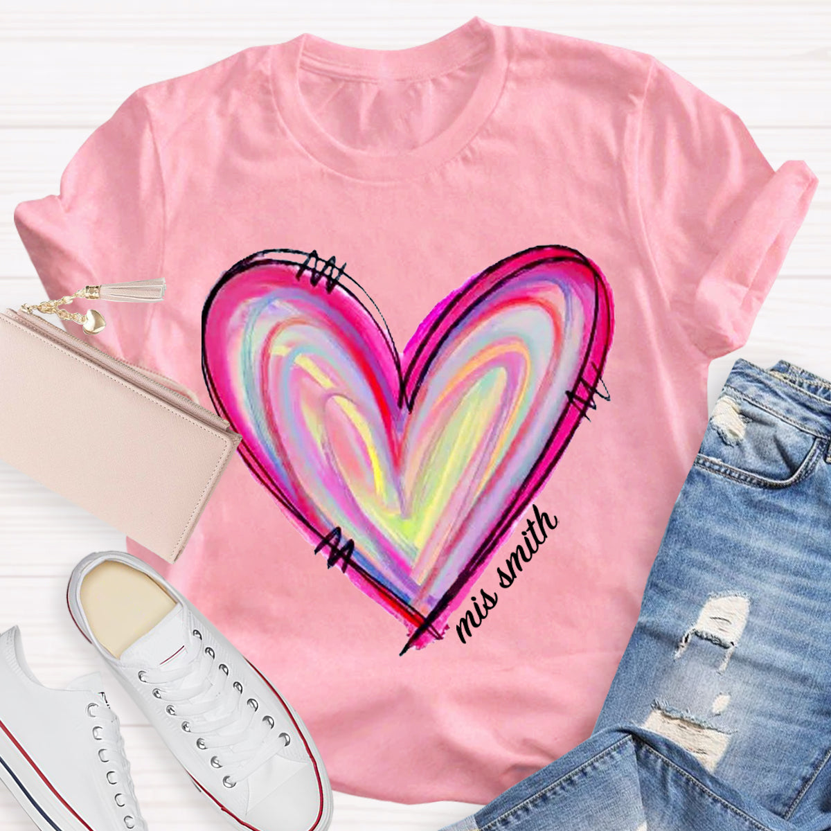 Personalized Name Art Painted Heart Teacher T-Shirt