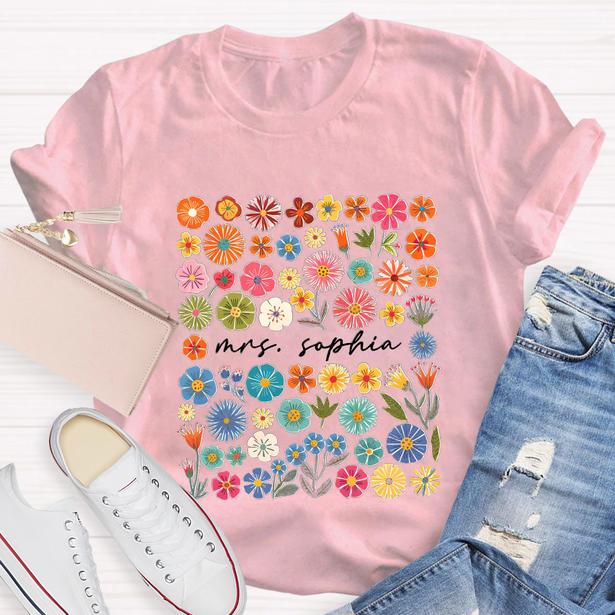 Personalized Name Pink Flowers Teacher T-Shirt