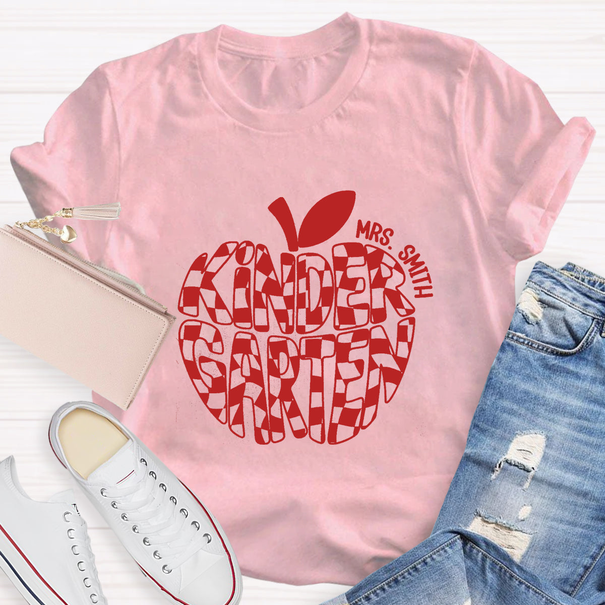 Personalized Name Kinder Garten Teacher Apple T-Shirt