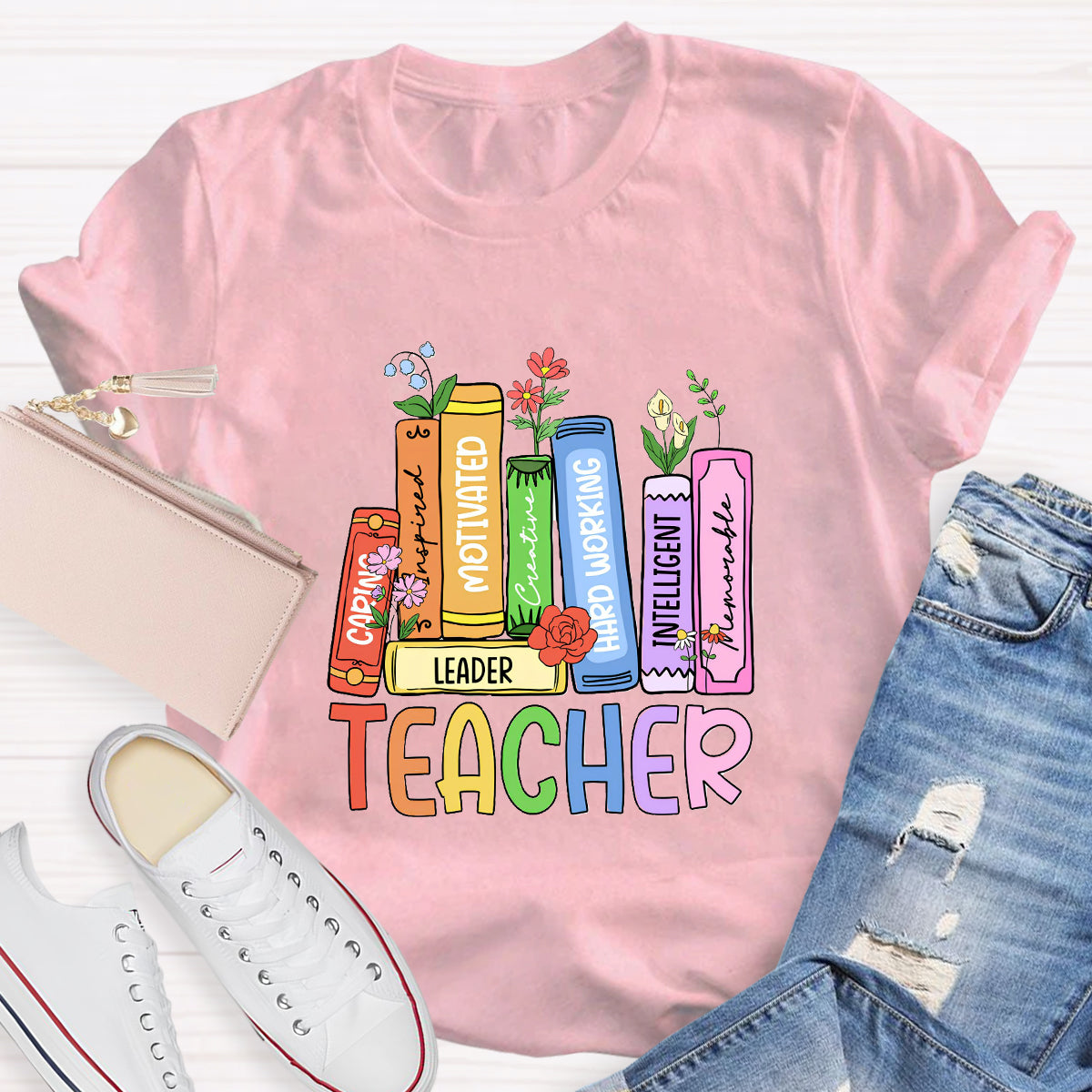 Caring Motivated Floral Books Teacher T-Shirt