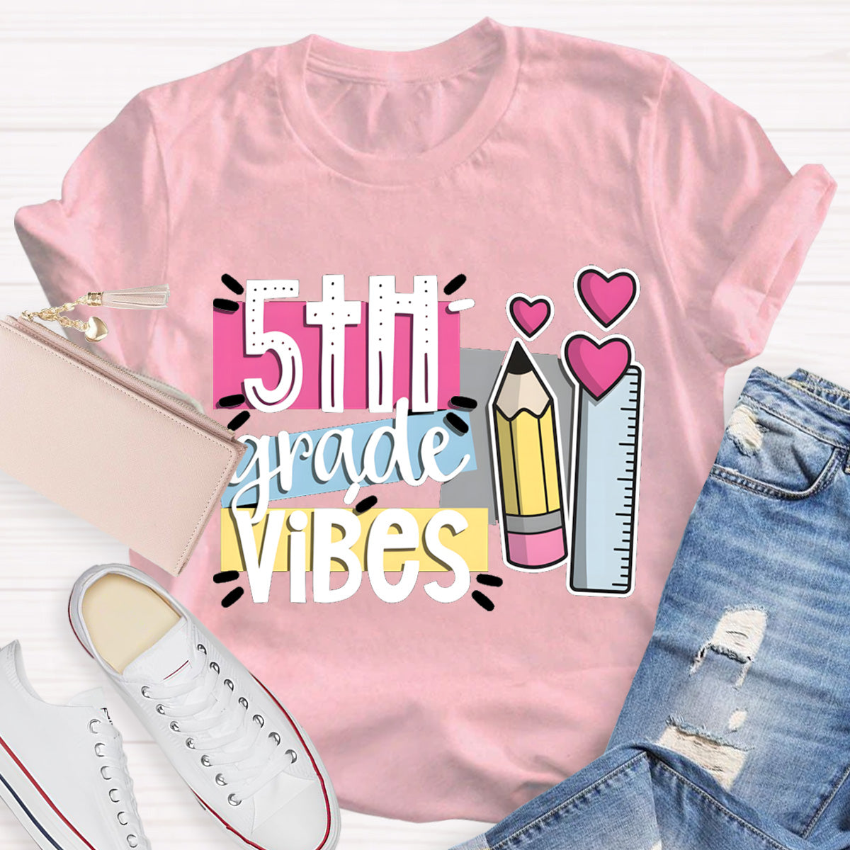Personalized Grade 5th Grade Vibes Teacher T-Shirt