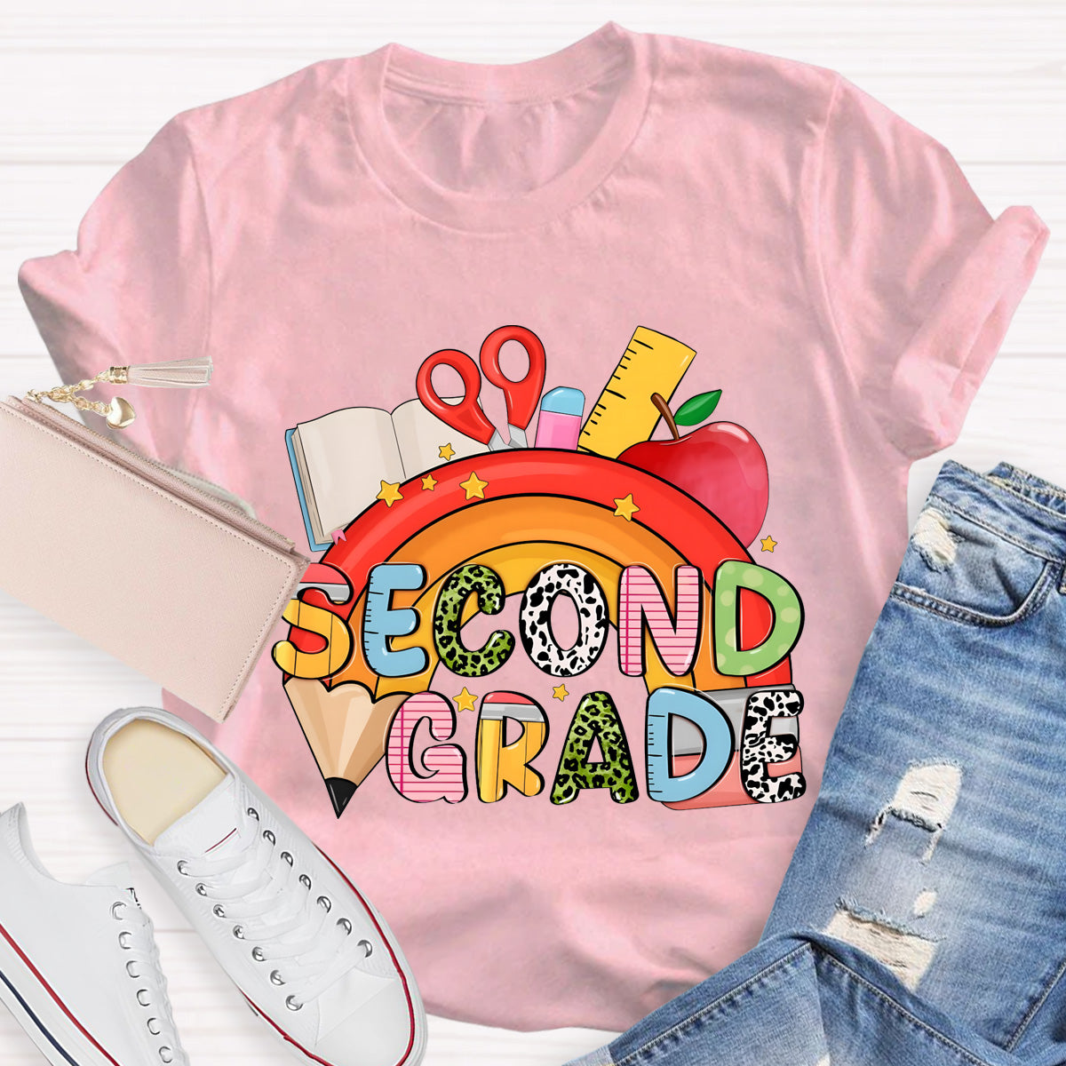 Personalized Grade Pencil Rainbow Second Grade Teacher T-Shirt