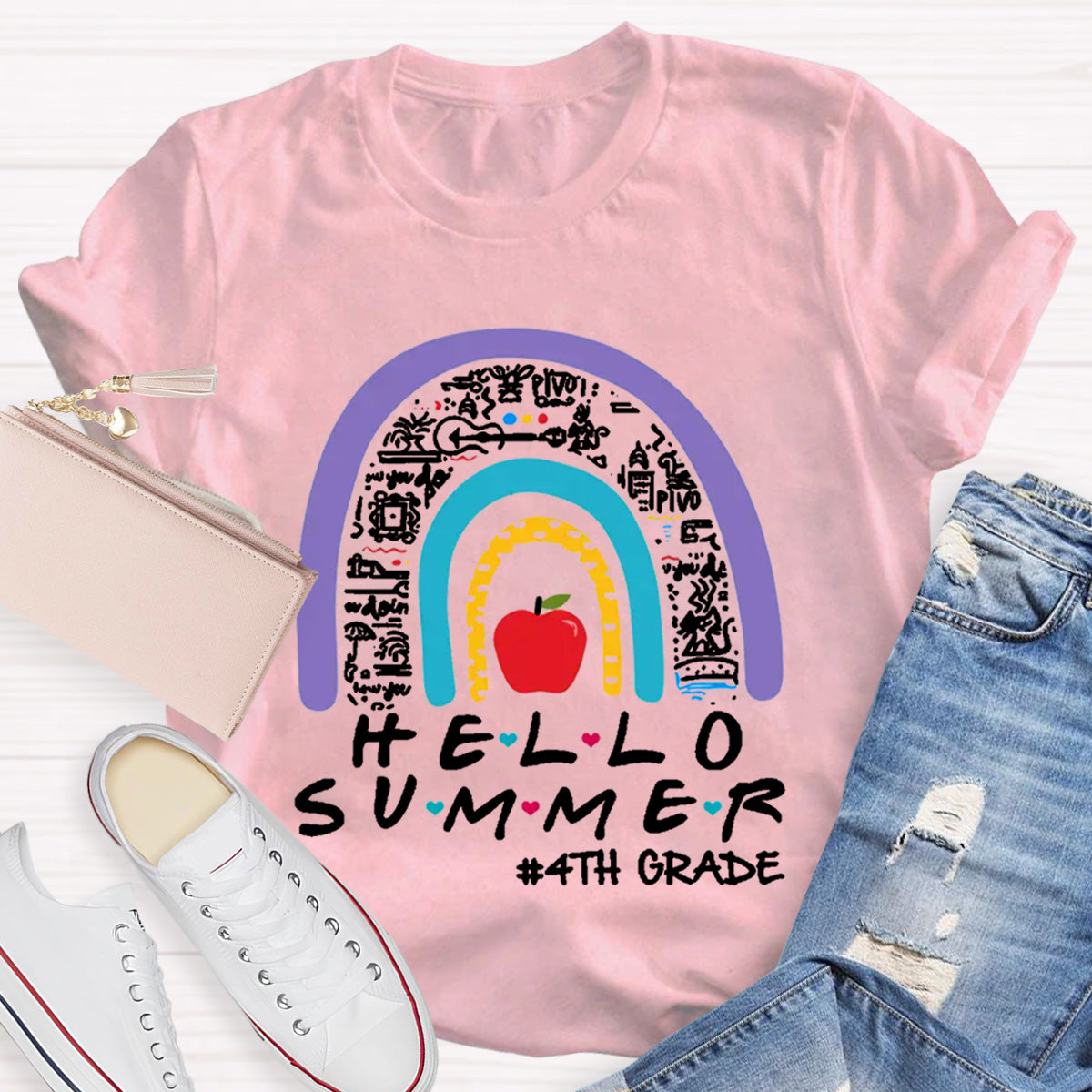 Personalized Grade Hello Summer Apple Rainbow Teacher T-Shirt