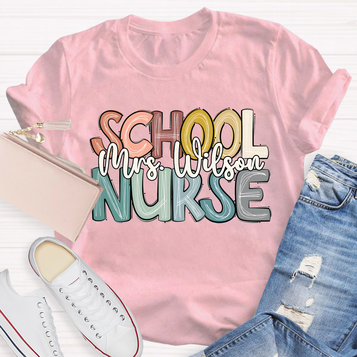 Personalized School Nurse Name Colorful Letter T-Shirt