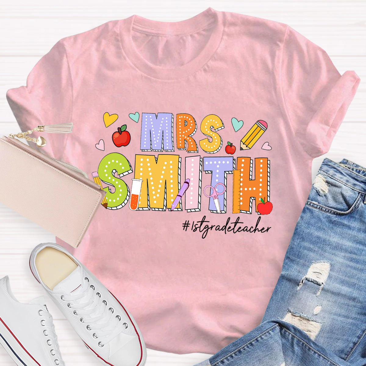 Personalized Name And Grade Heart Teacher T-Shirt