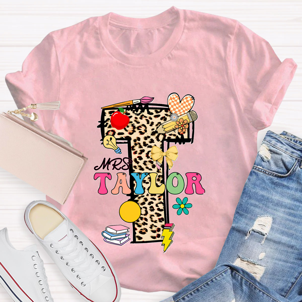 Personalized Name Leopard print Letter Teacher T-Shirt