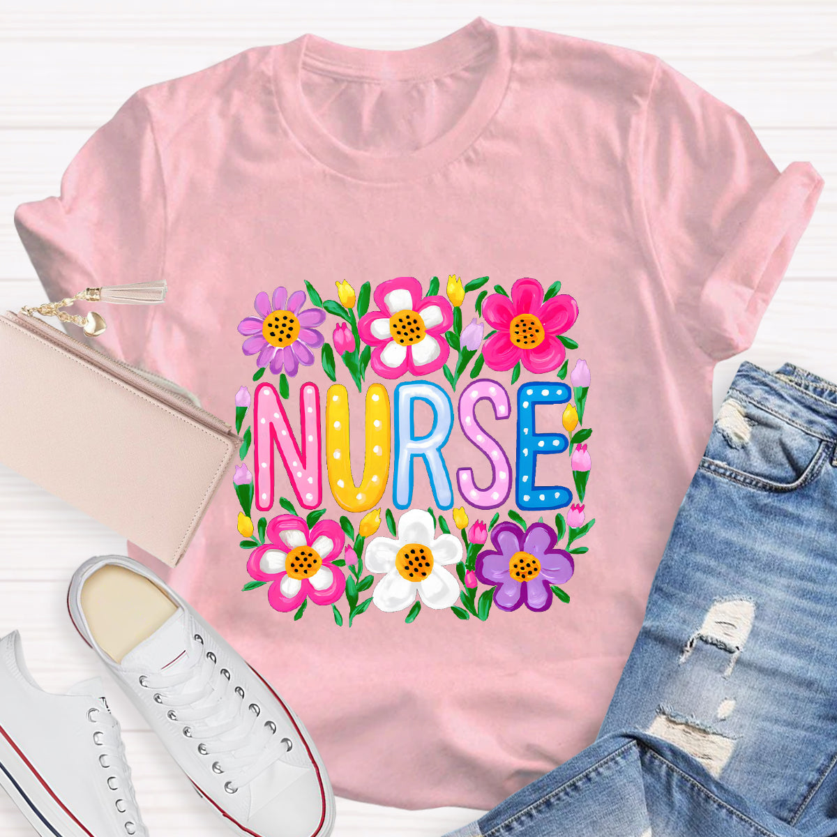 Floral School Nurse T-Shirt