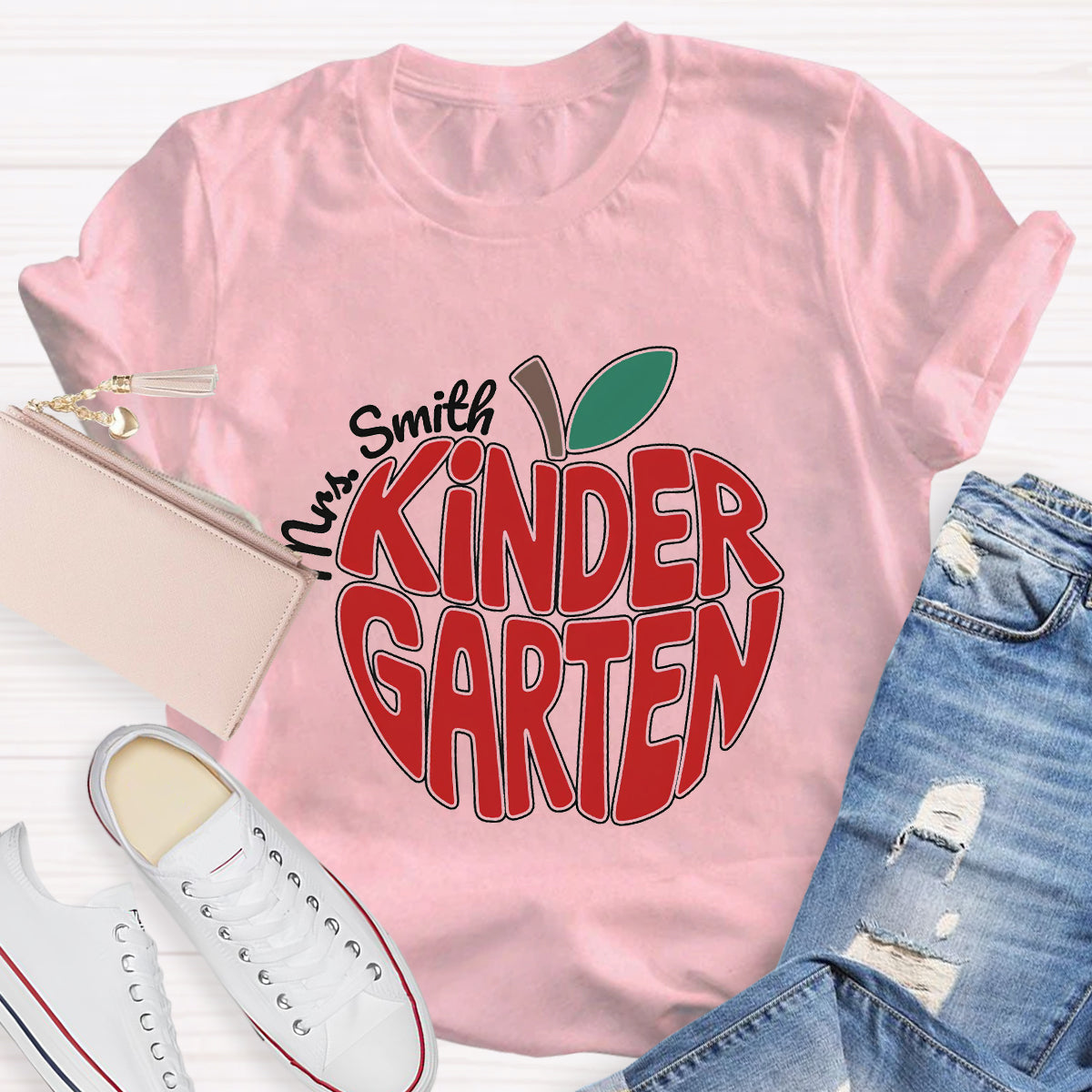 Personalized Kinder Garden Teacher Name Red Apple T-Shirt