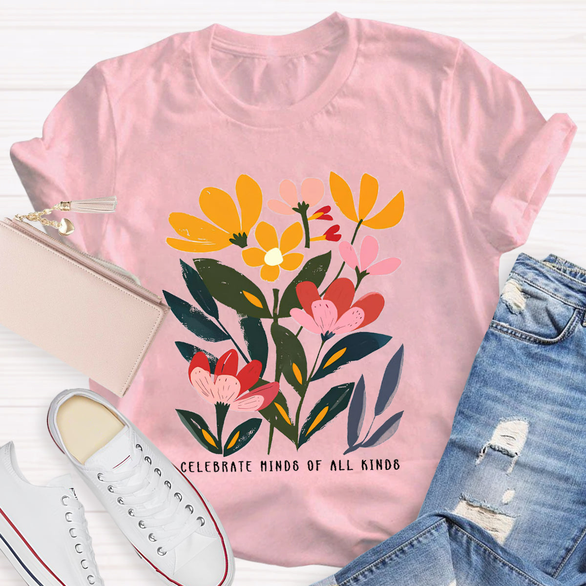 Art Flower Celebrate Minds of All Kinds Teacher T-Shirt